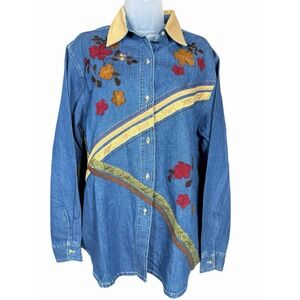 Vintage‎ Quizz Again Embroidered Denim Shirt Women's M Western Chore Country